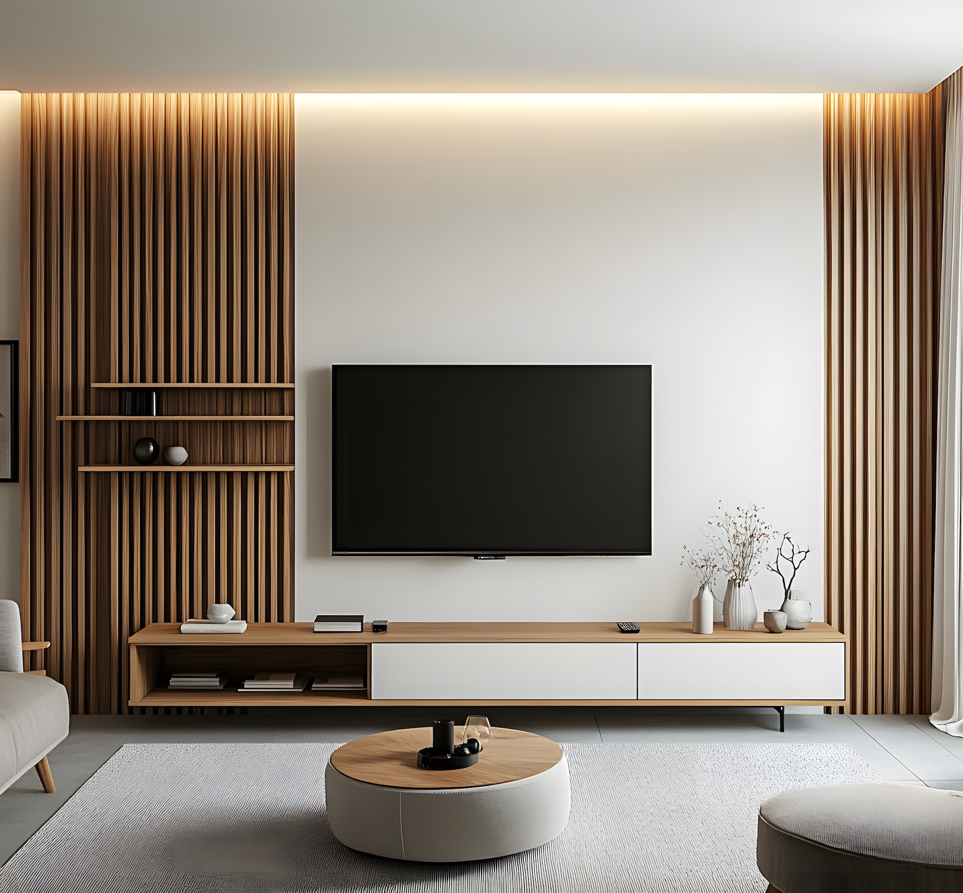 Modern living room interior with minimalist design and wooden details