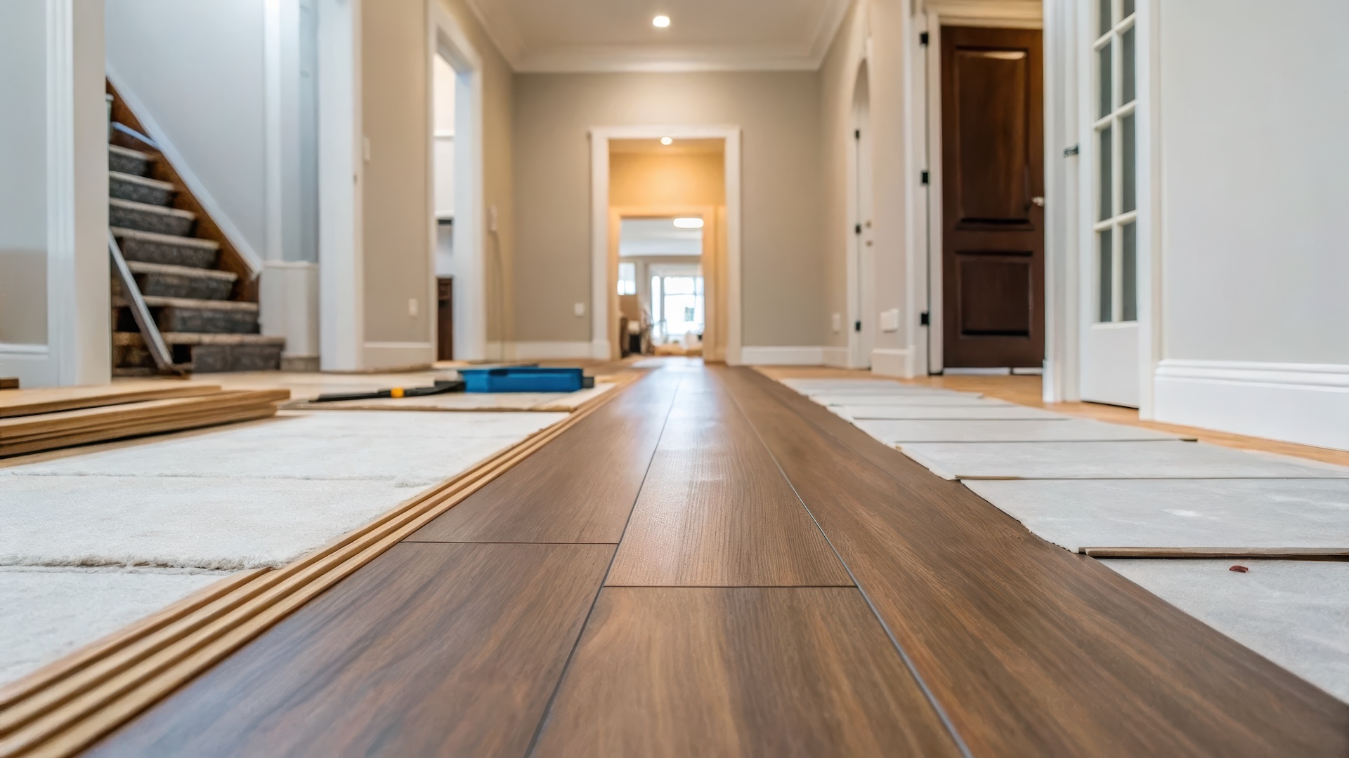 New wooden flooring being installed in a modern hallway. budget Home Renovation and Flooring Concepts